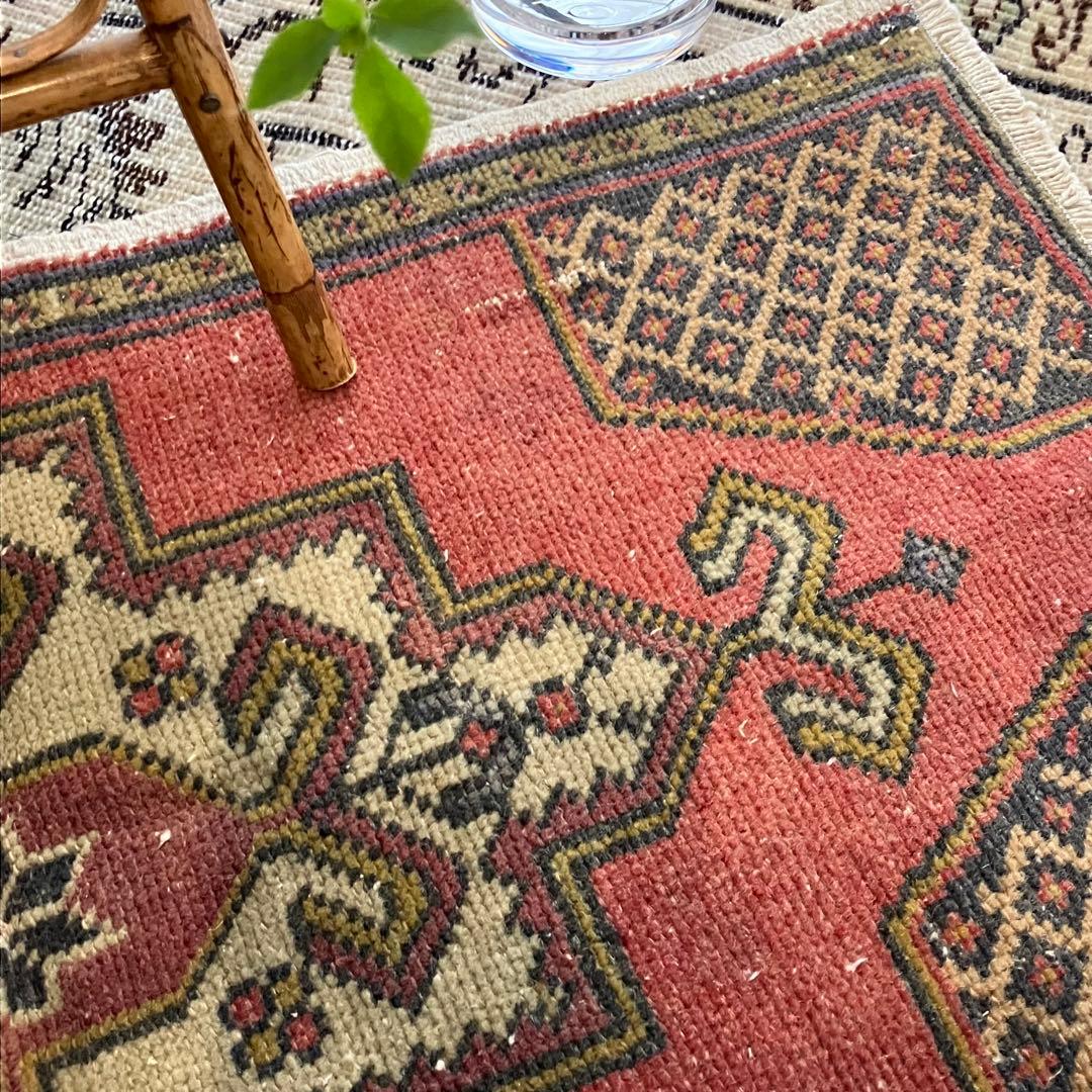 上品✳︎55×99✳︎くすみピンク　穏やかグレー　メダリオン　トルコヴィンテージラグ