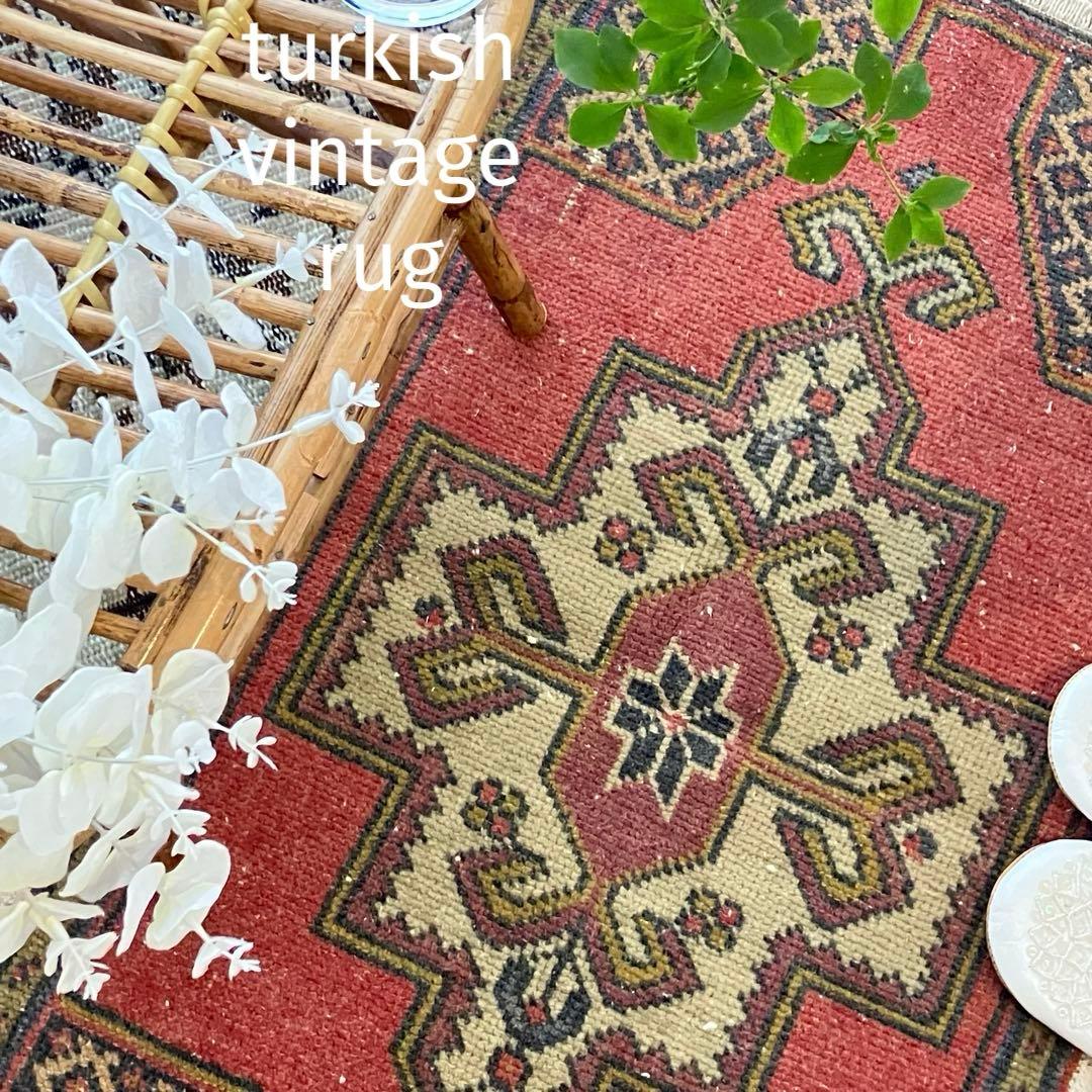 上品✳︎55×99✳︎くすみピンク　穏やかグレー　メダリオン　トルコヴィンテージラグ
