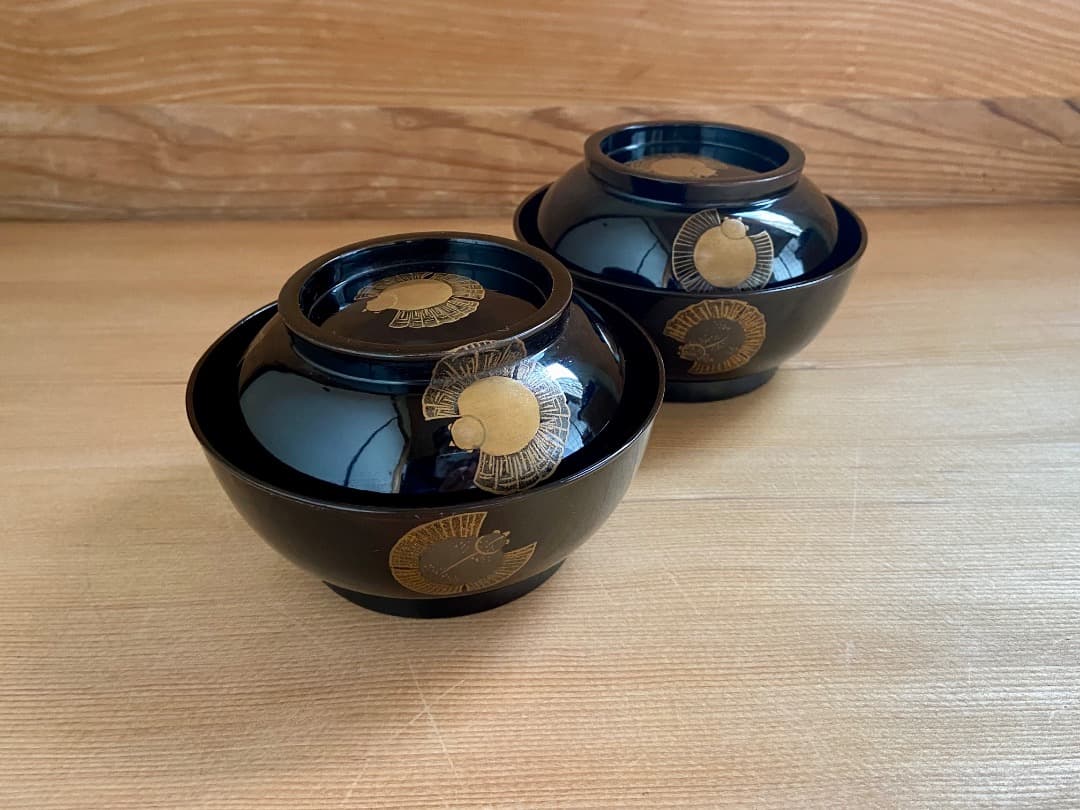 能登に伝わる古民芸 黒漆 福良雀蒔絵 お椀 2客 / 黒塗 漆器椀 蒔絵椀