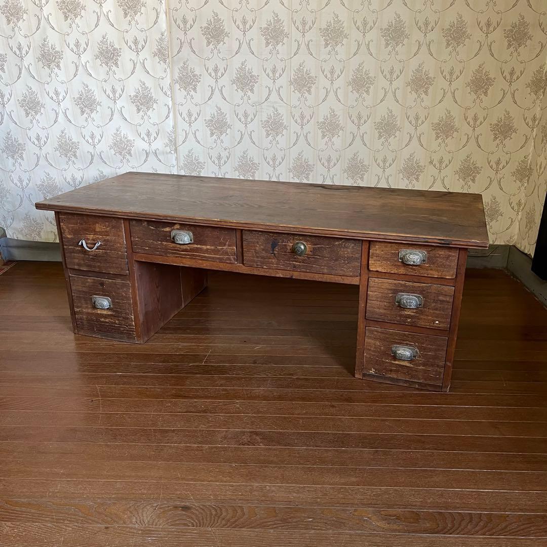 【アンティーク】木製 無垢 文机 作業台 引き出し 書斎机 座卓 古民家 古道具