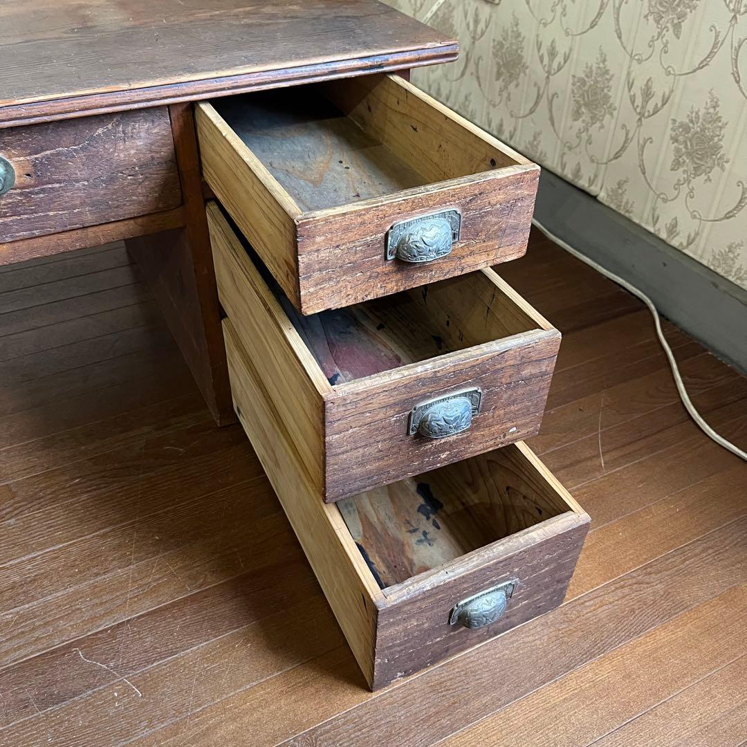 【アンティーク】木製 無垢 文机 作業台 引き出し 書斎机 座卓 古民家 古道具