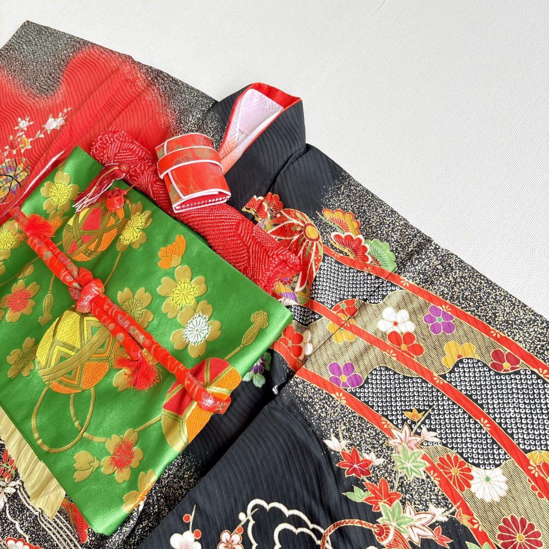 フルセット　七五三７歳女の子　赤黒地絹毬牡丹　新品袋帯緑地　簡単半襟　7126