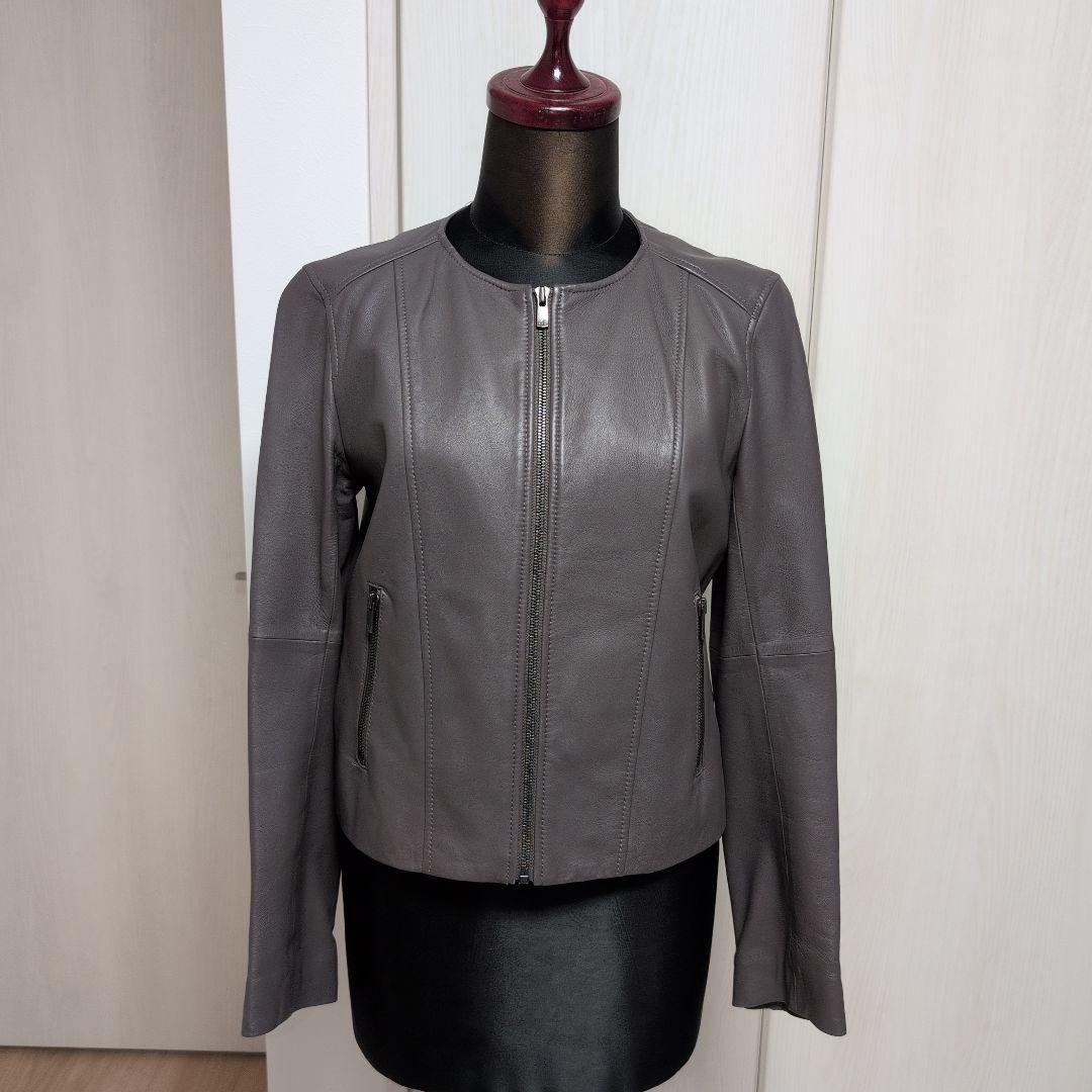 ANAYIアナイ　白タグ　羊革ラムレザー　ノーカラージャケット　グレー　38M