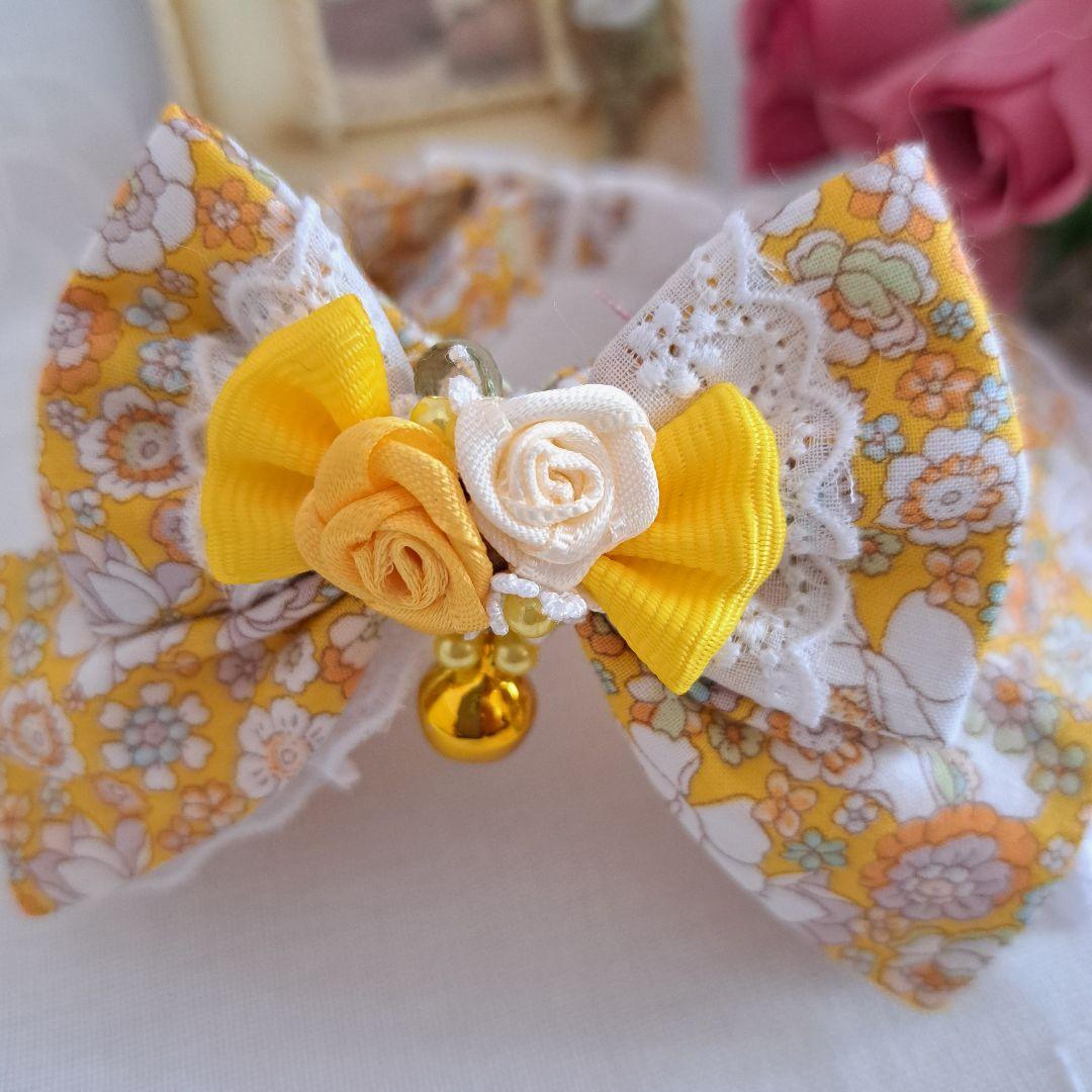 フラワー柄(黄色)わんちゃん猫ちゃん用襟付首輪