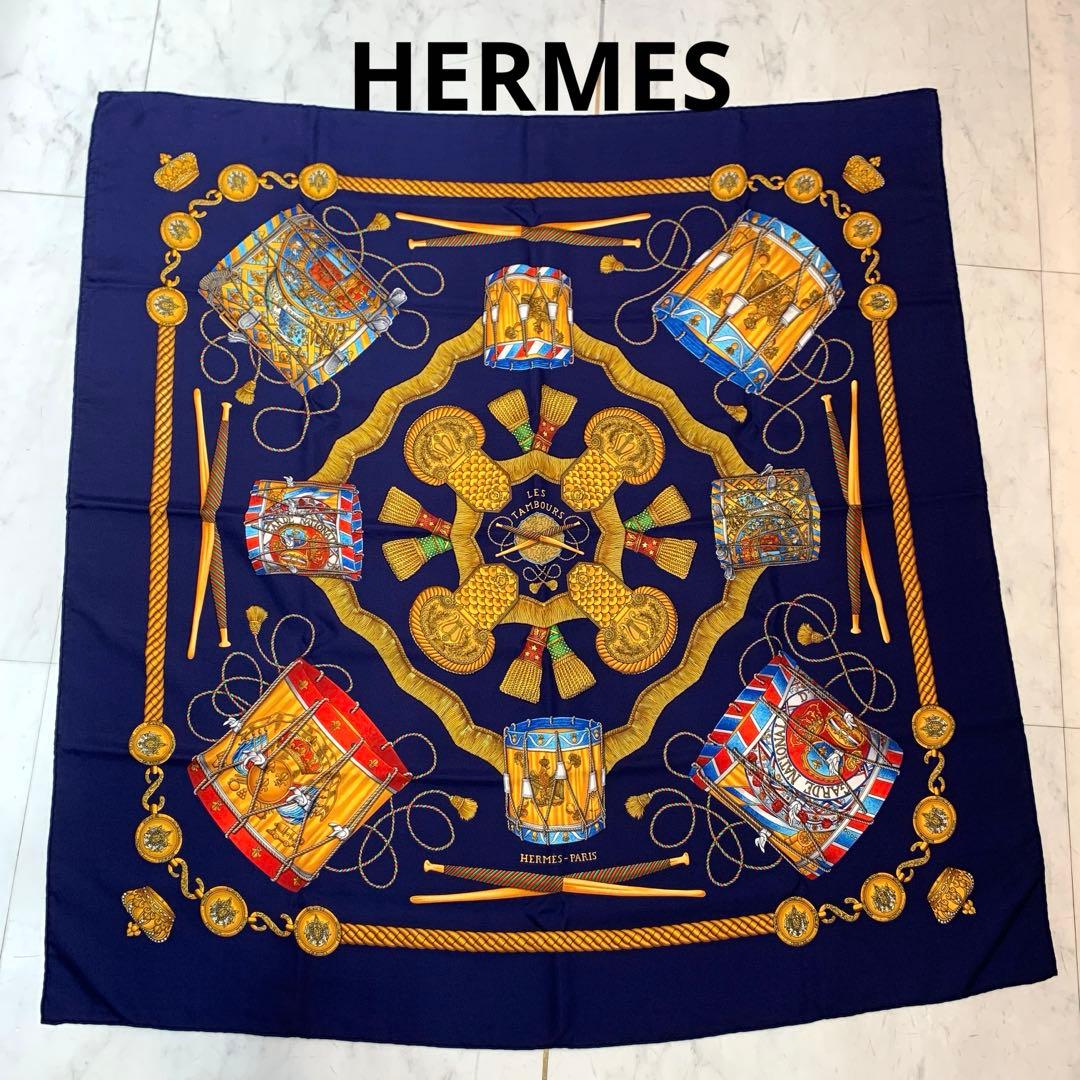 ☆美品☆HERMES カレ90 シルクスカーフ タンブールの太鼓 ネイビー