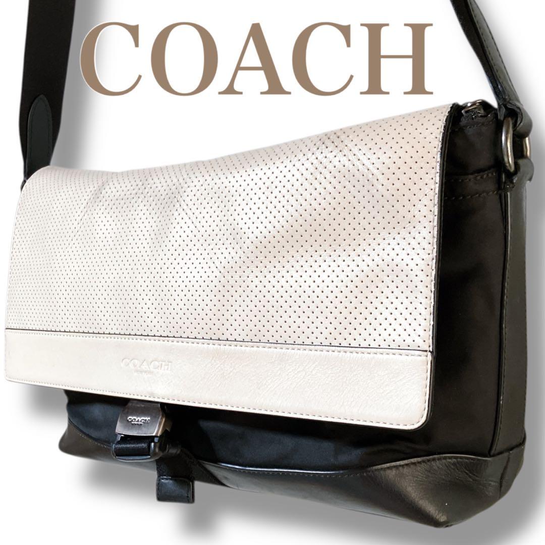 コーチ 斜め掛け可 パンチングフラップ メッセンジャーバッグ ブラック ベージュ