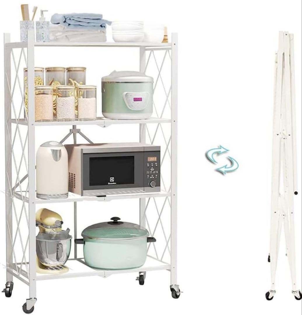 2C 4段折りたたみ式メタルシェルフ　ホワイト　スチールラック　Y