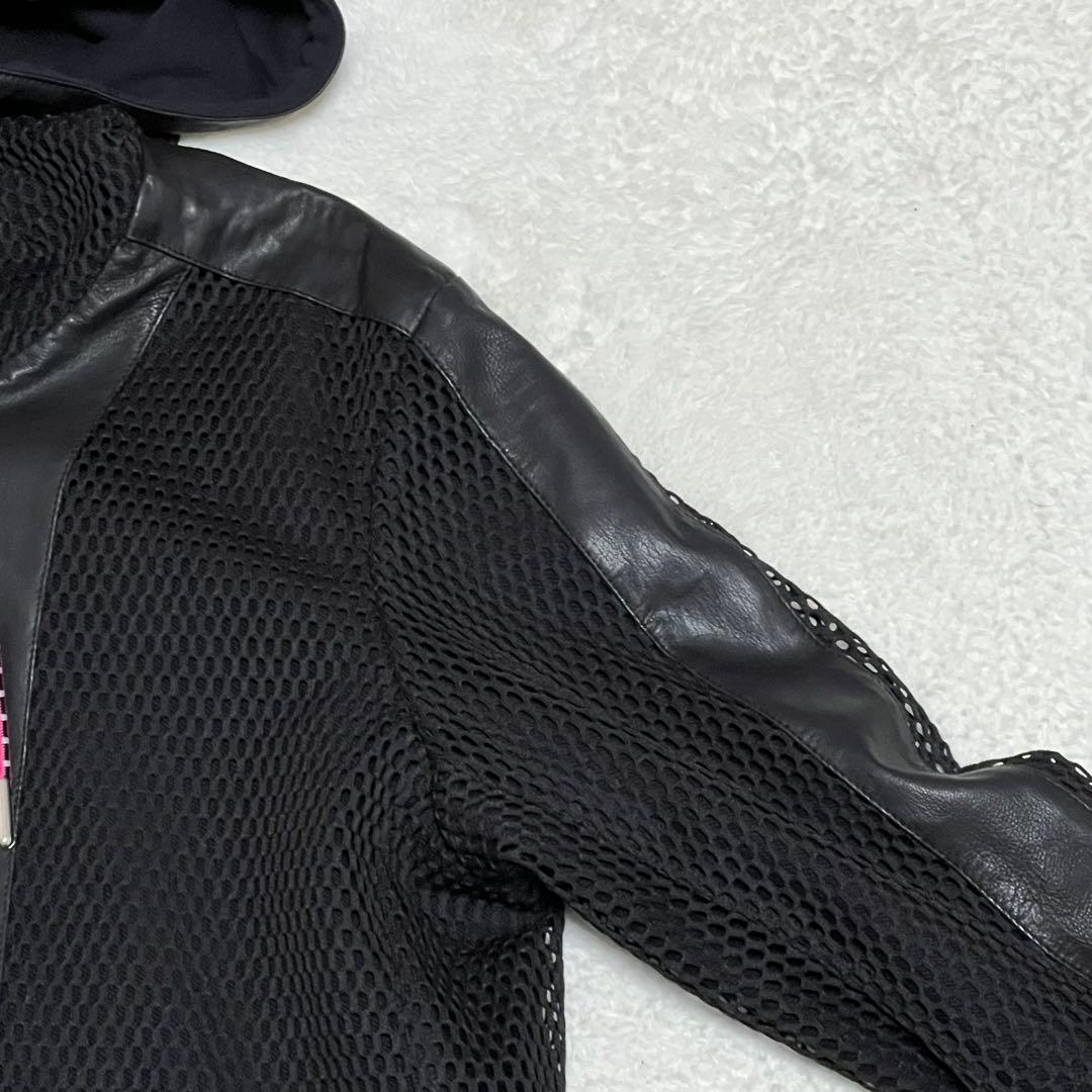 【美品】ディーゼル　レザーメッシュフーディージャケット　羊革　黒　S　レディース