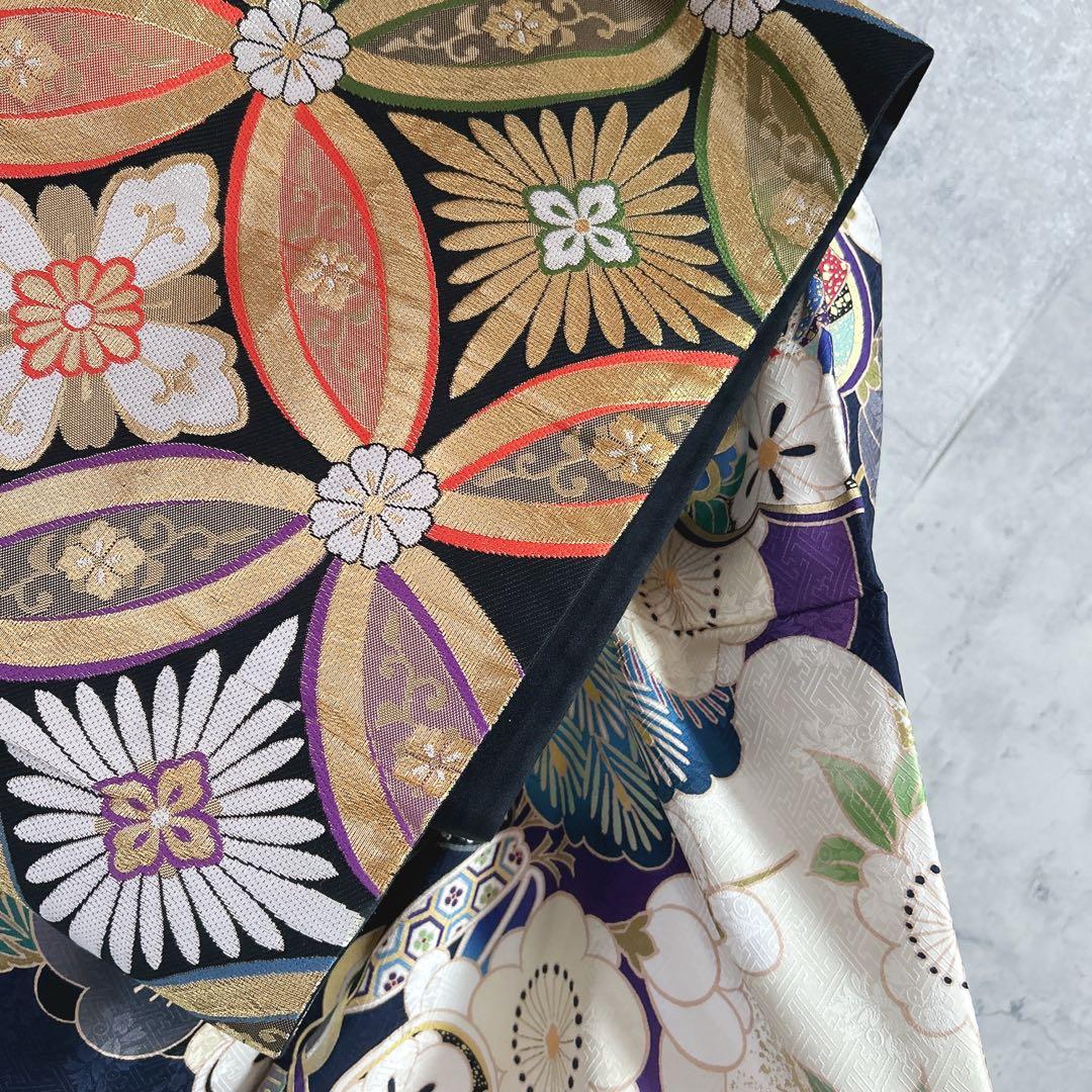 振袖　フルセット　ヤマト謹製　濃いネイビー　豪華　モノトーン　成人式　二十歳