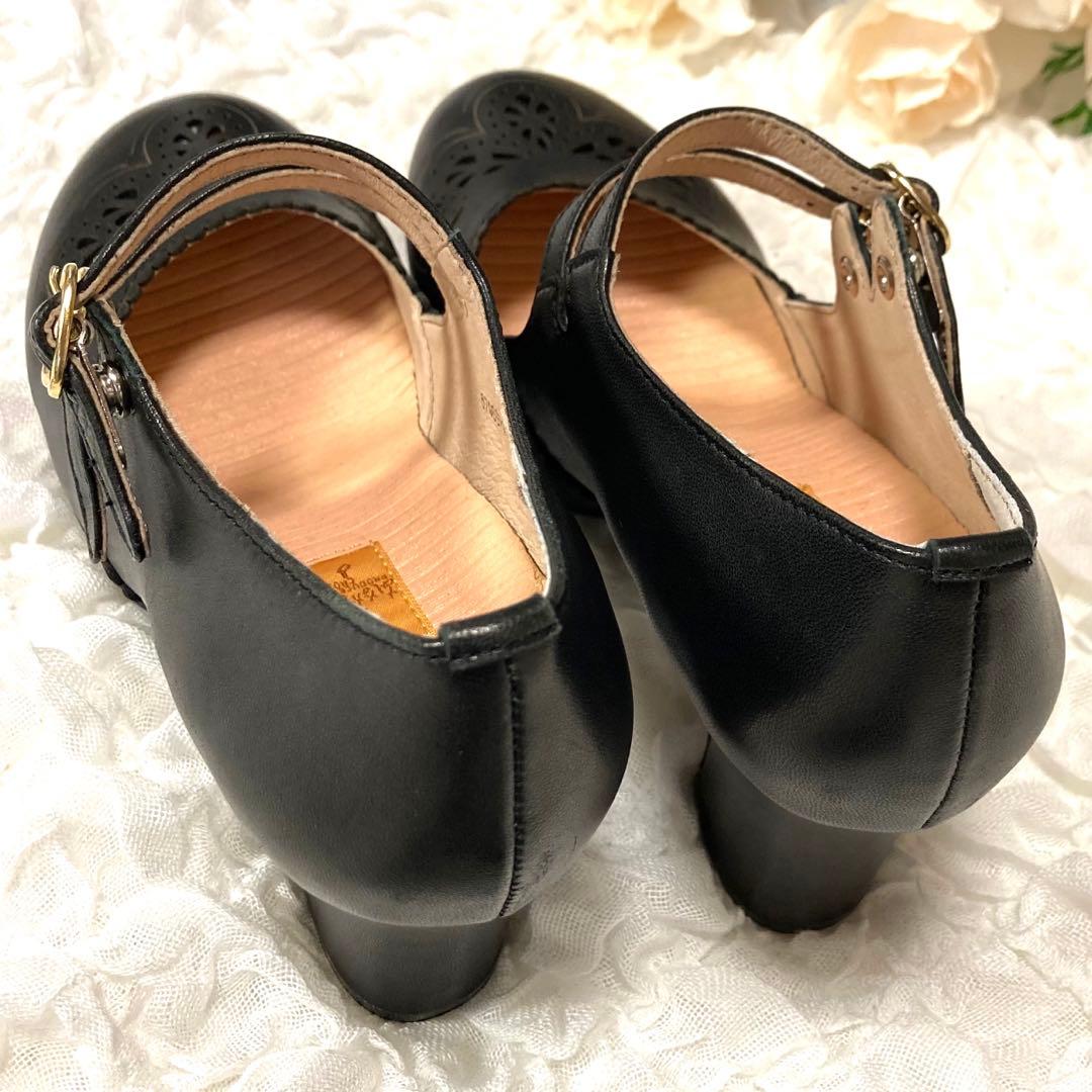 ダブルストラップデザイン　本革　レザー　厚底　パンプス　黒　ブラック　ハイヒール