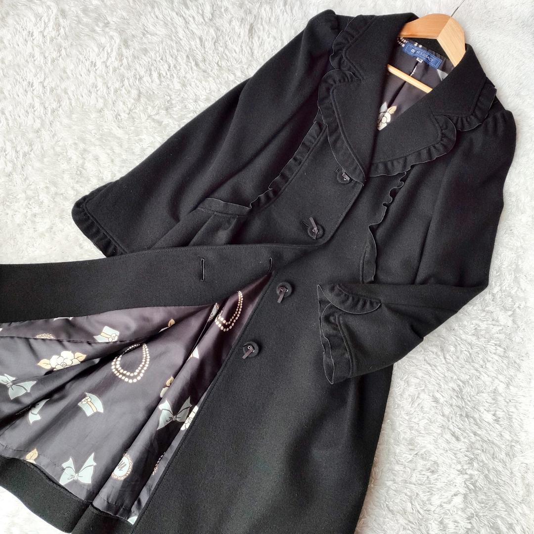 エムズグレイシー フリル ロングコート 総柄裏地 38 M ウール リボン