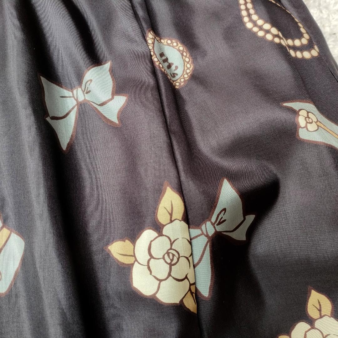 エムズグレイシー フリル ロングコート 総柄裏地 38 M ウール リボン