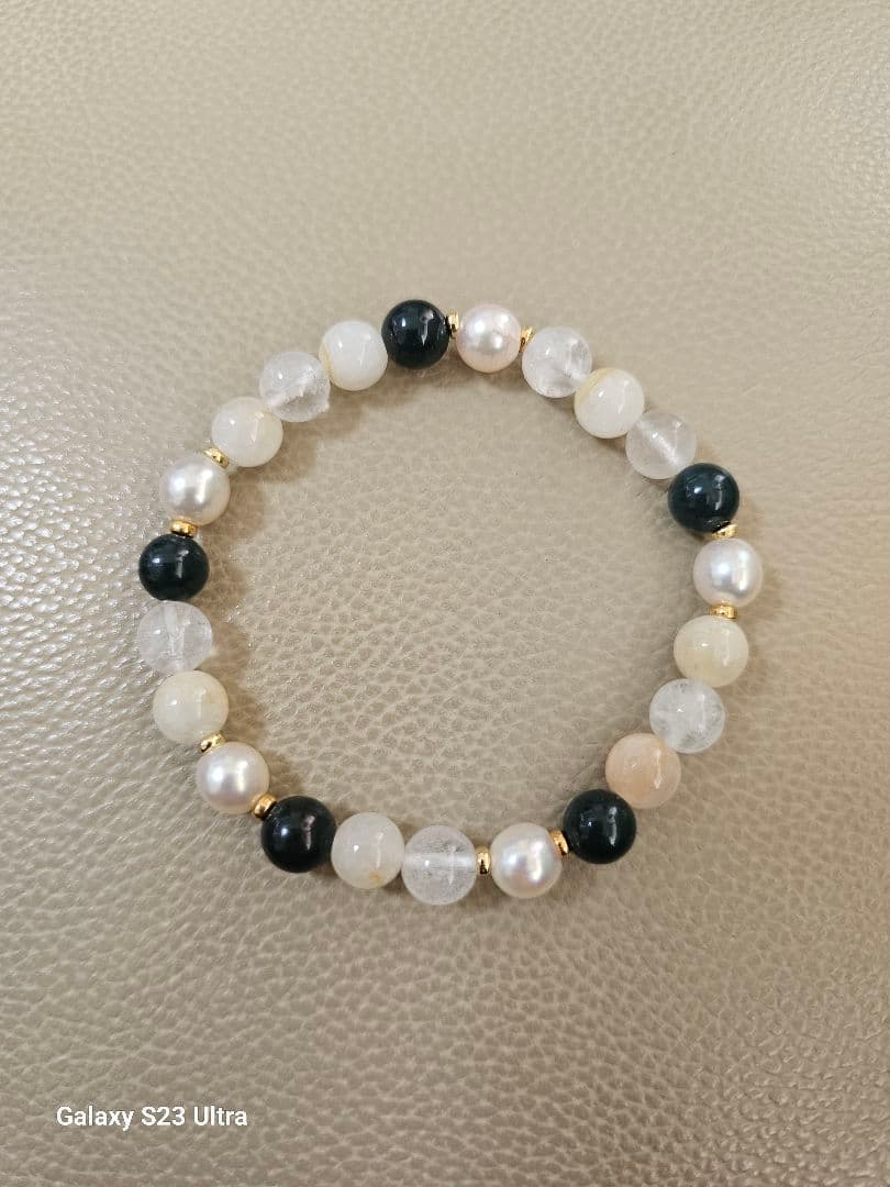 出雲瑪瑙、あこや真珠、水晶のブレスレット　サイズ１７センチ前後
