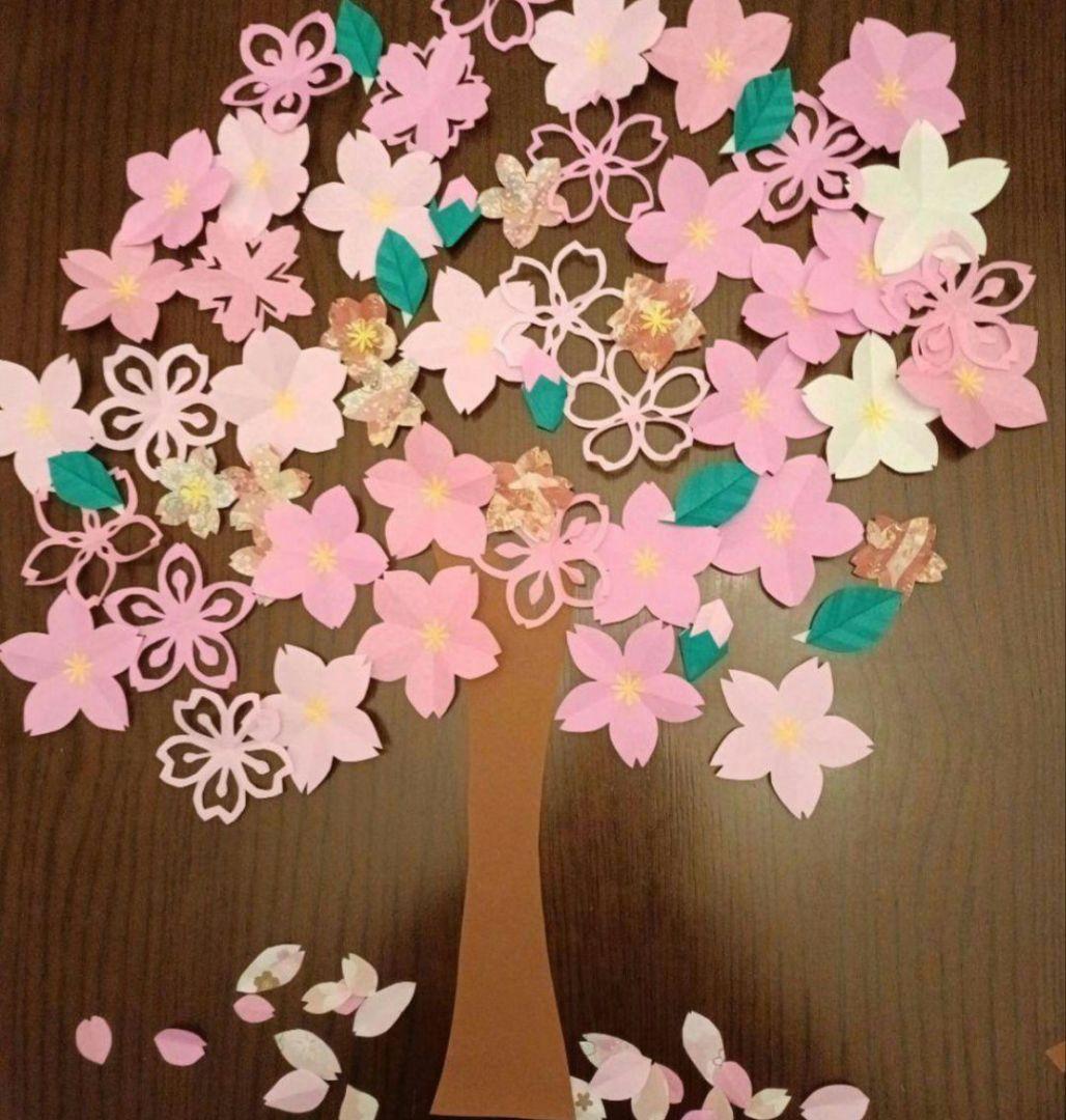 桜　切り紙　ピンク3色　和柄千代紙桜　春壁面　リース素材に（幹の色は焦げ茶です）