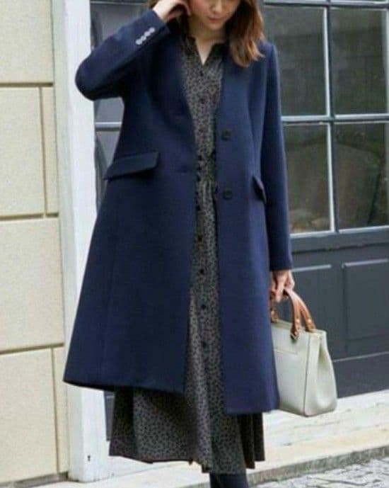 アナイ ANAYI ライトビーバーVカラーコート ノーカラー 36 ネイビー