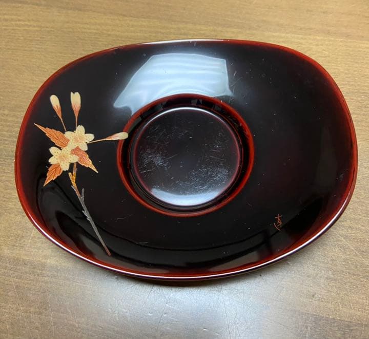 輪島塗　花図替茶托　五客　塗師　静峰作　共箱　M183