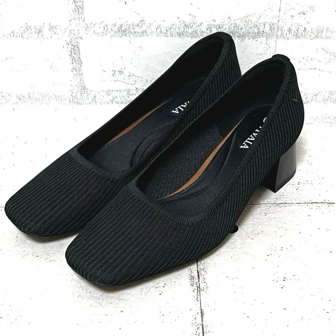 極美品【ヴィヴァイア】スクエアトゥ チャンキーヒール リボン♡ブラック 36.5
