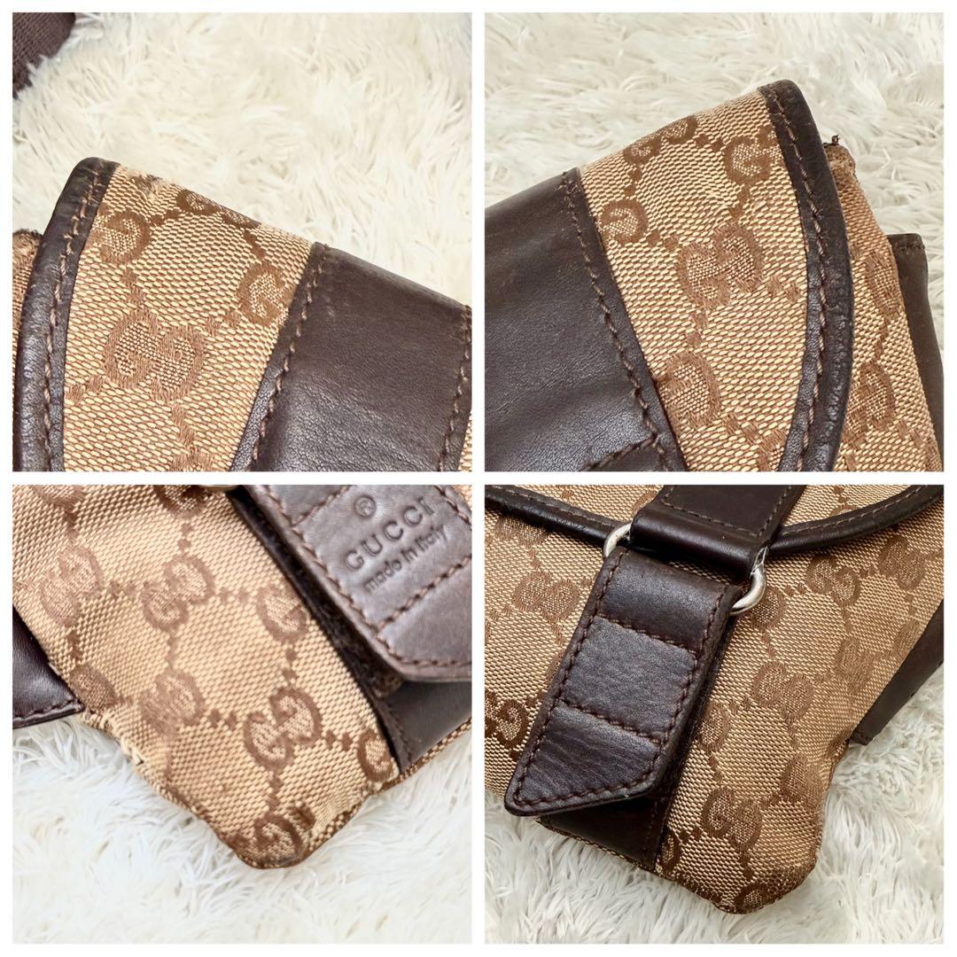 GUCCIグッチ ボディバッグ ウエストポーチ GGキャンバス ブラウン レザー