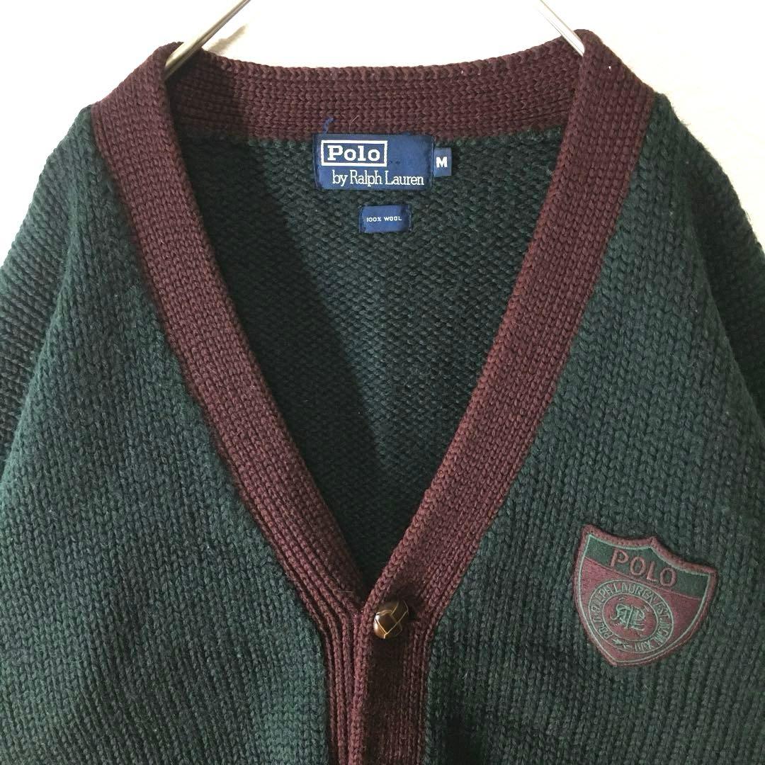 【個性派古着】ポロラルフローレン ウール緑カーディガン　豪華ワッペン　肉厚M