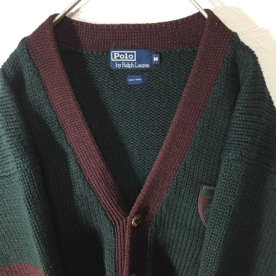 【個性派古着】ポロラルフローレン ウール緑カーディガン　豪華ワッペン　肉厚M