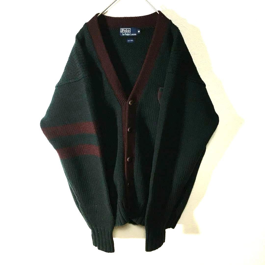 【個性派古着】ポロラルフローレン ウール緑カーディガン　豪華ワッペン　肉厚M