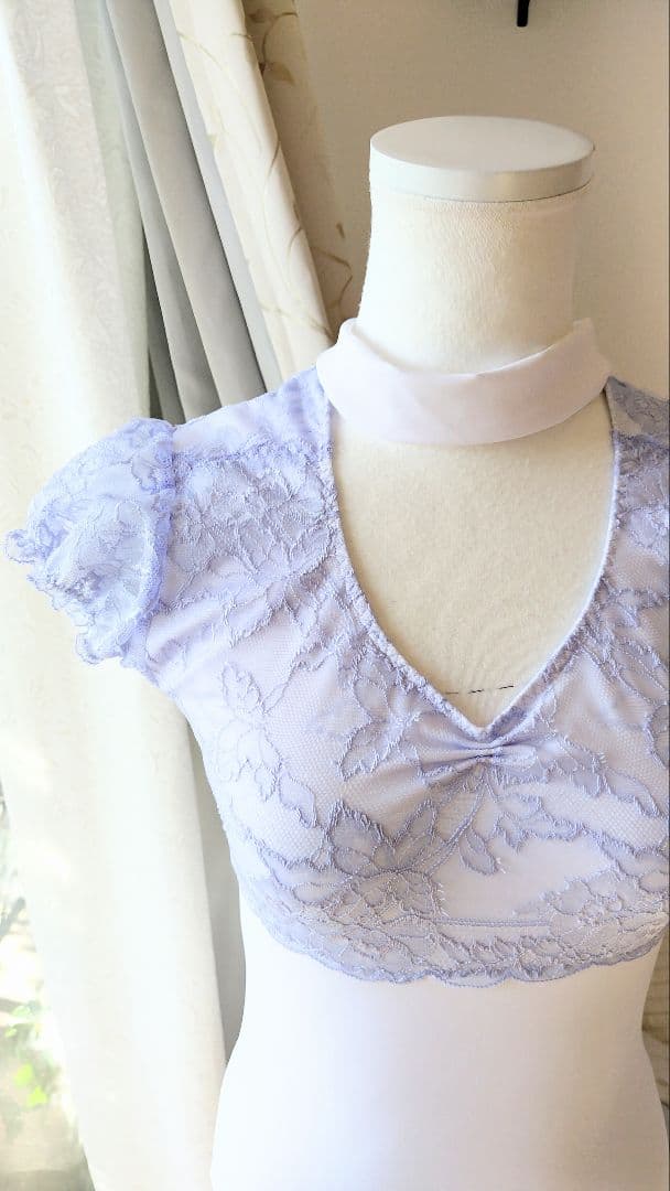 Ｓ～Ｍ／シンデレラのドレス風、アイスブルーのチョーカーリボン娘役レオタード白