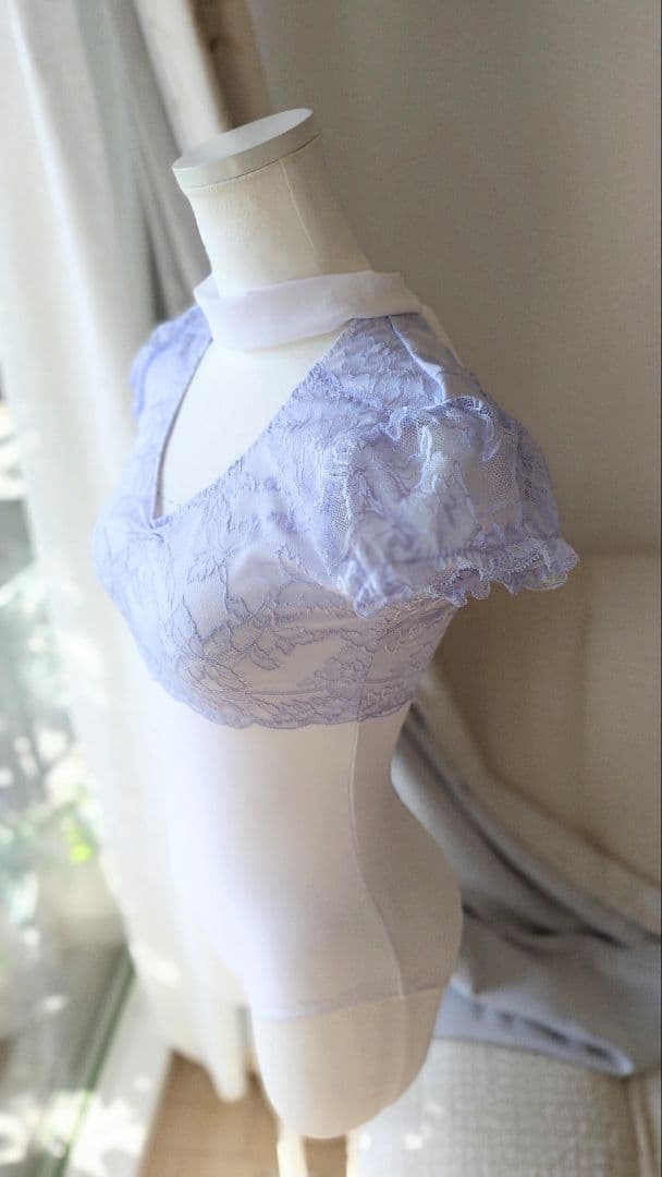 Ｓ～Ｍ／シンデレラのドレス風、アイスブルーのチョーカーリボン娘役レオタード白