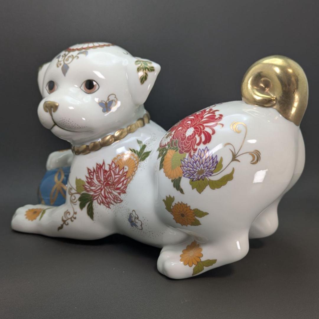 【日本製】縁起物 フランクリンミント 犬 置物 花柄 陶器人形 アンティーク