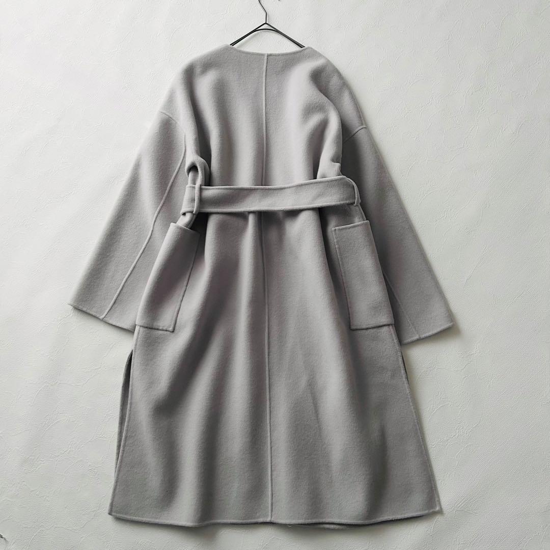 2944Z 美品 ノーク ロングリバーコート ノーカラー ベルト付き 毛 S