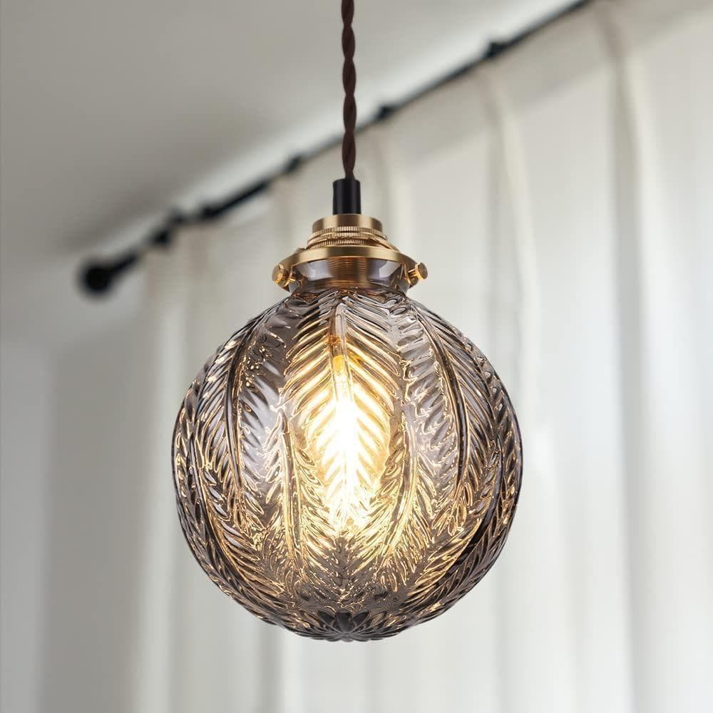 【M1943-68-44】スモークグレー葉柄ガラスペンダントライト