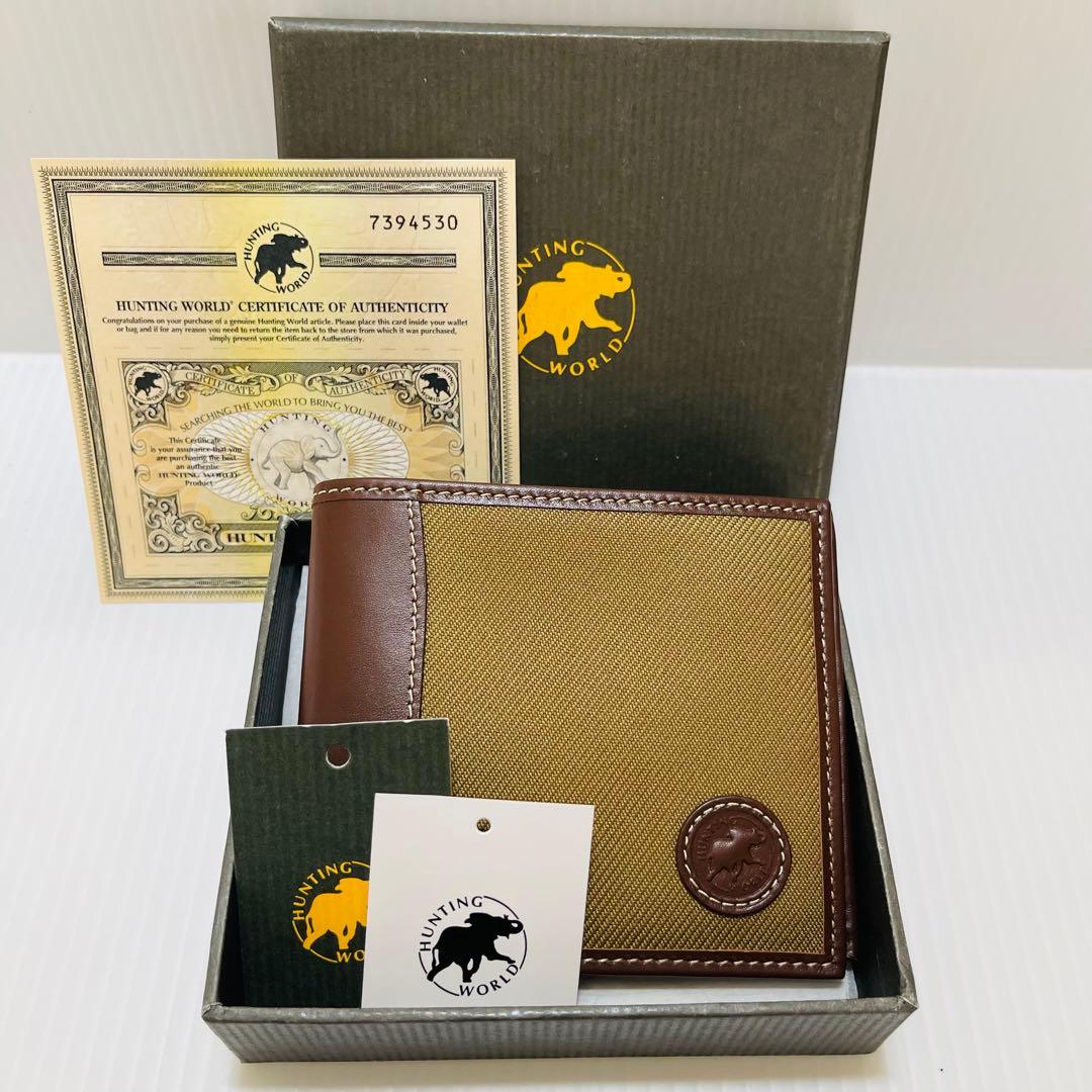新品未使用【ハンティングワールド】二つ折り財布 キャンバスレザー ベージュ