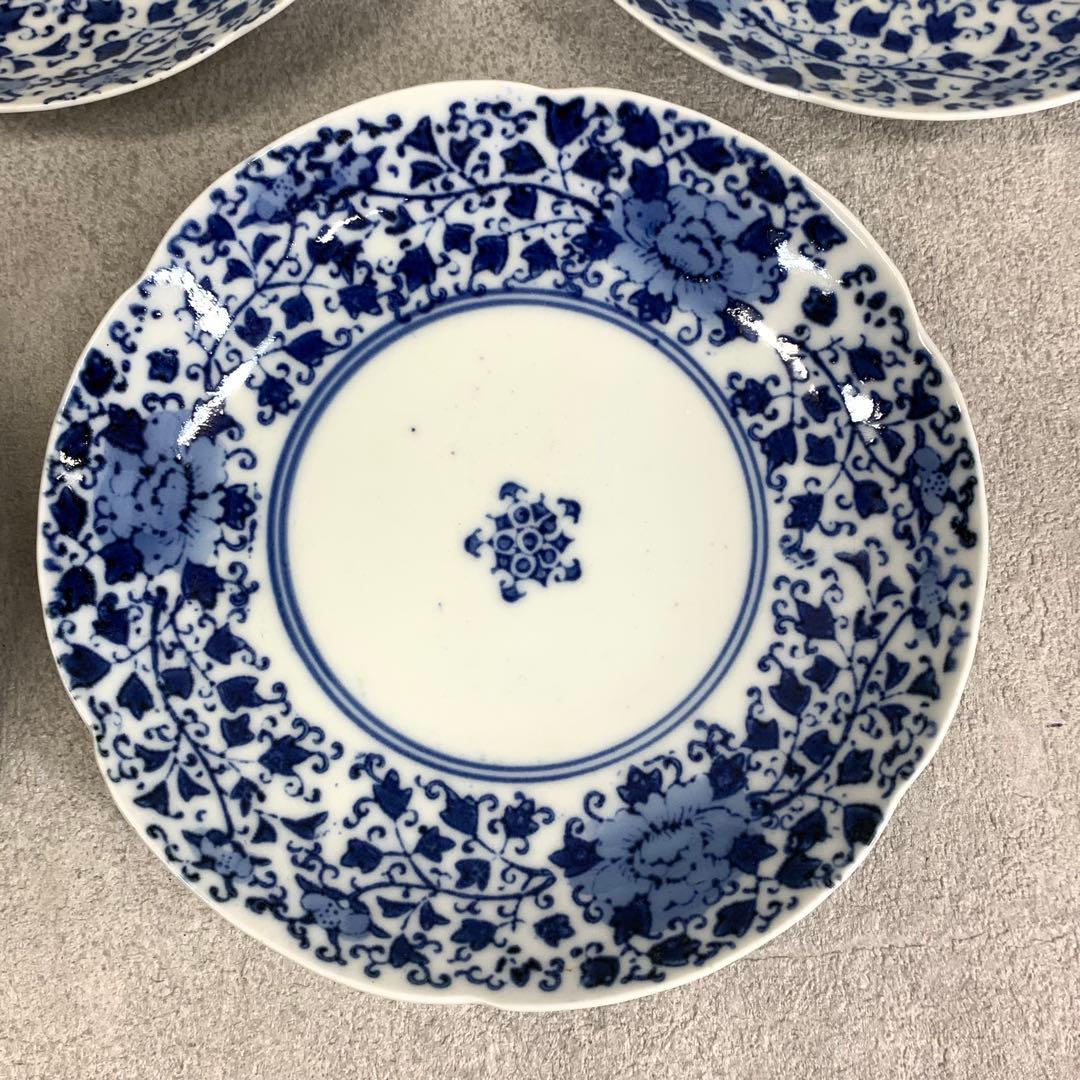 中皿 5点 直径15.3cm 花唐草 染付 藍色 青 古皿 伊万里 有田 ⑨
