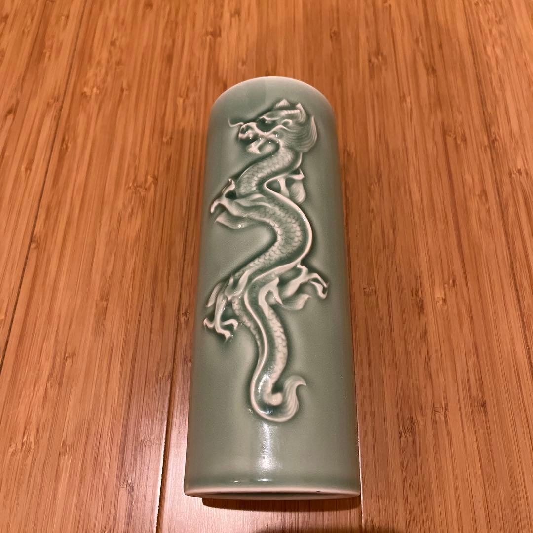 深川製磁　竜　花瓶　壁掛花生　青竹磁竜彫刻　花瓶