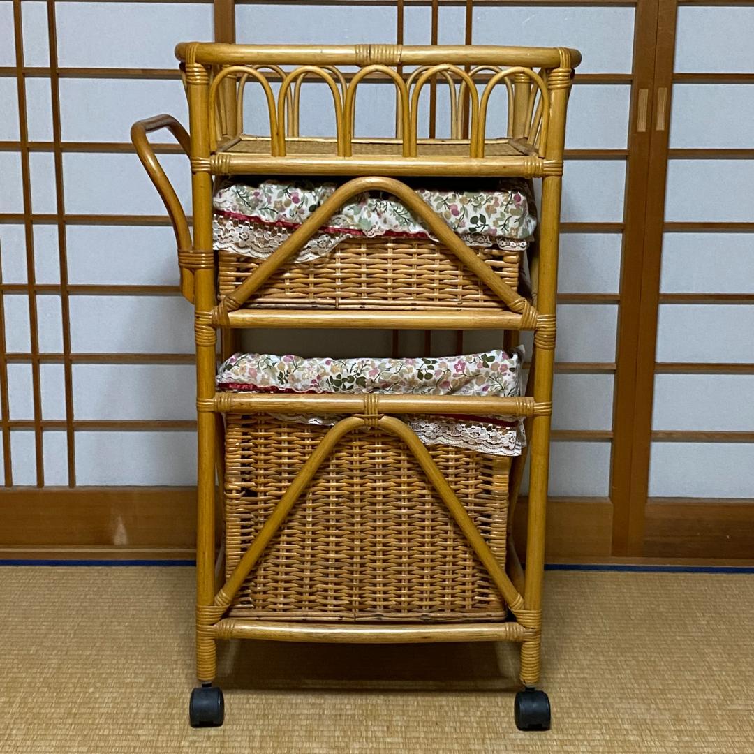 ラタン 籐 ワゴン 棚 3段 籠 W55cm D39.5cm H85.5cm