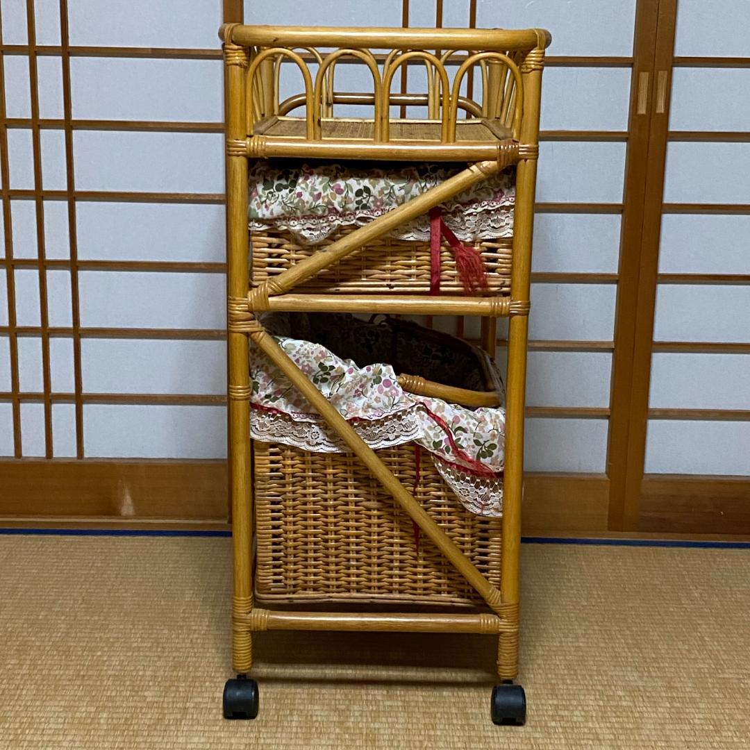 ラタン 籐 ワゴン 棚 3段 籠 W55cm D39.5cm H85.5cm