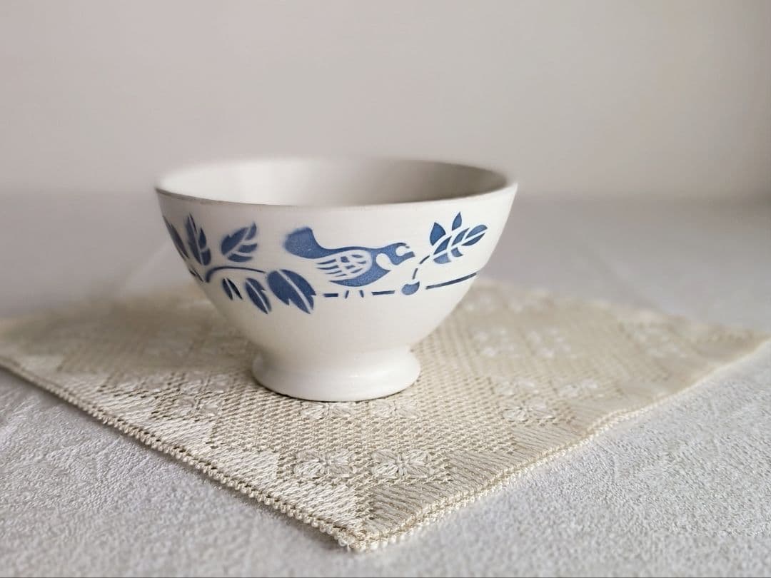 * vintage bowl ❀ ブルーステンシル 小鳥さん カフェオレ ボウル