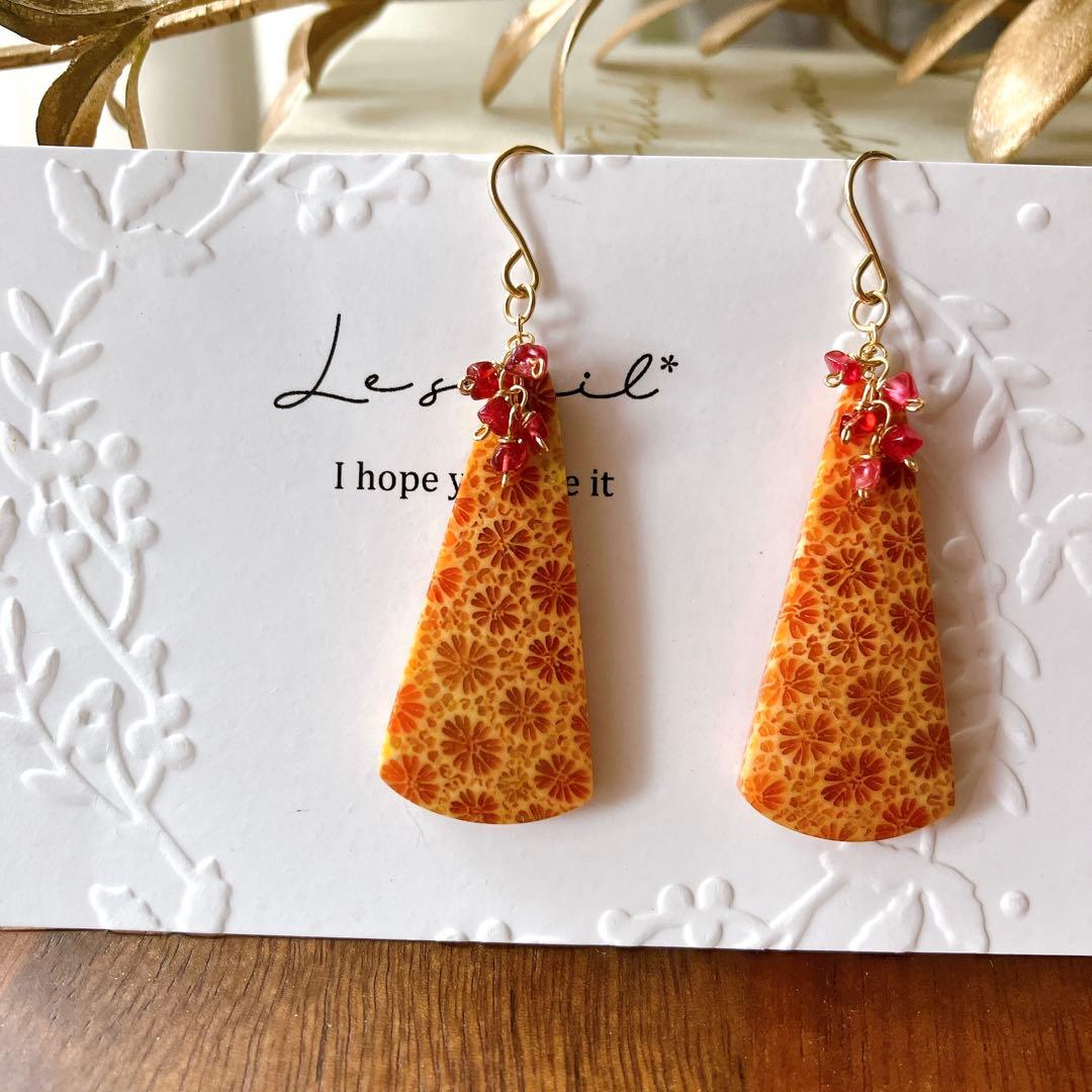 ポメころび◆一点物✧オレンジフォッシルコーラル×レッドスピネルピアス