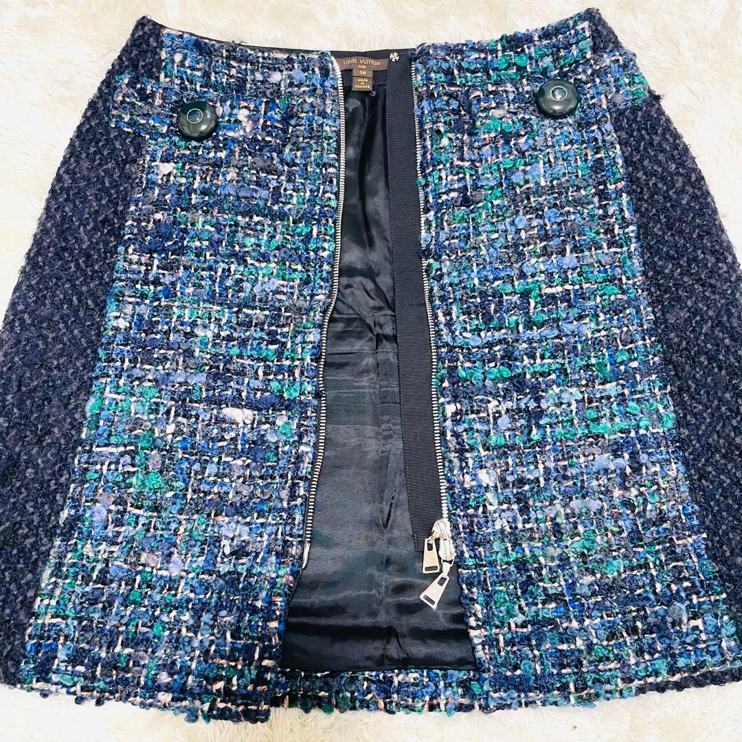 LOUIS VUITTON ツイードスカート LVロゴ 膝丈 36 上品 綺麗