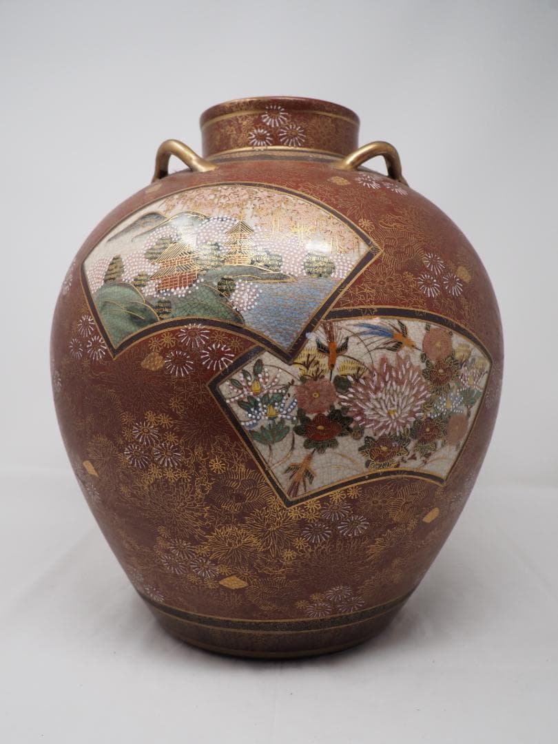 色絵金彩扇面花鳥風景図四耳花瓶　壺　薩摩焼　連山　-SO