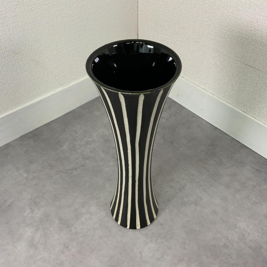ヴィンテージ 陶器 ベース ストライプ ブラック×ホワイト 花器 花瓶