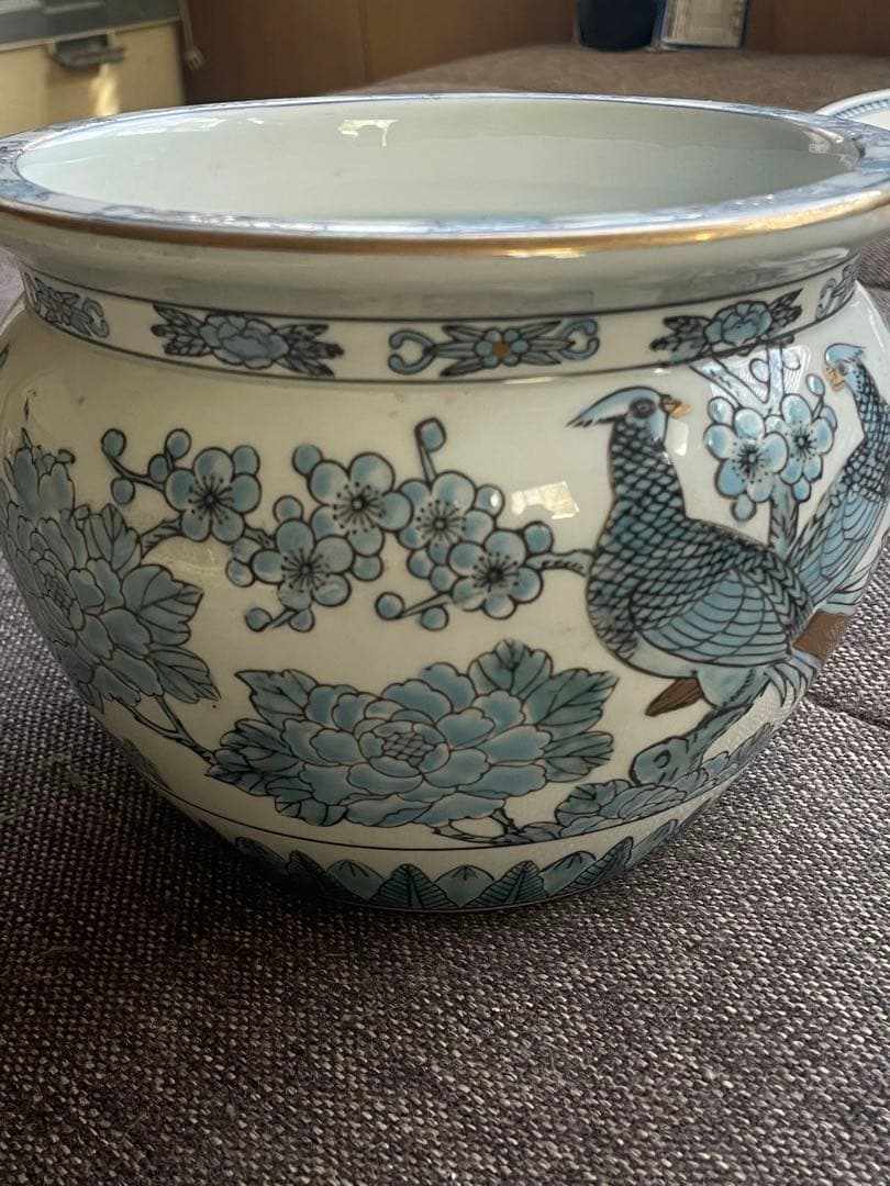 青色の花と鳥の装飾 陶器の鉢 Hand Painted