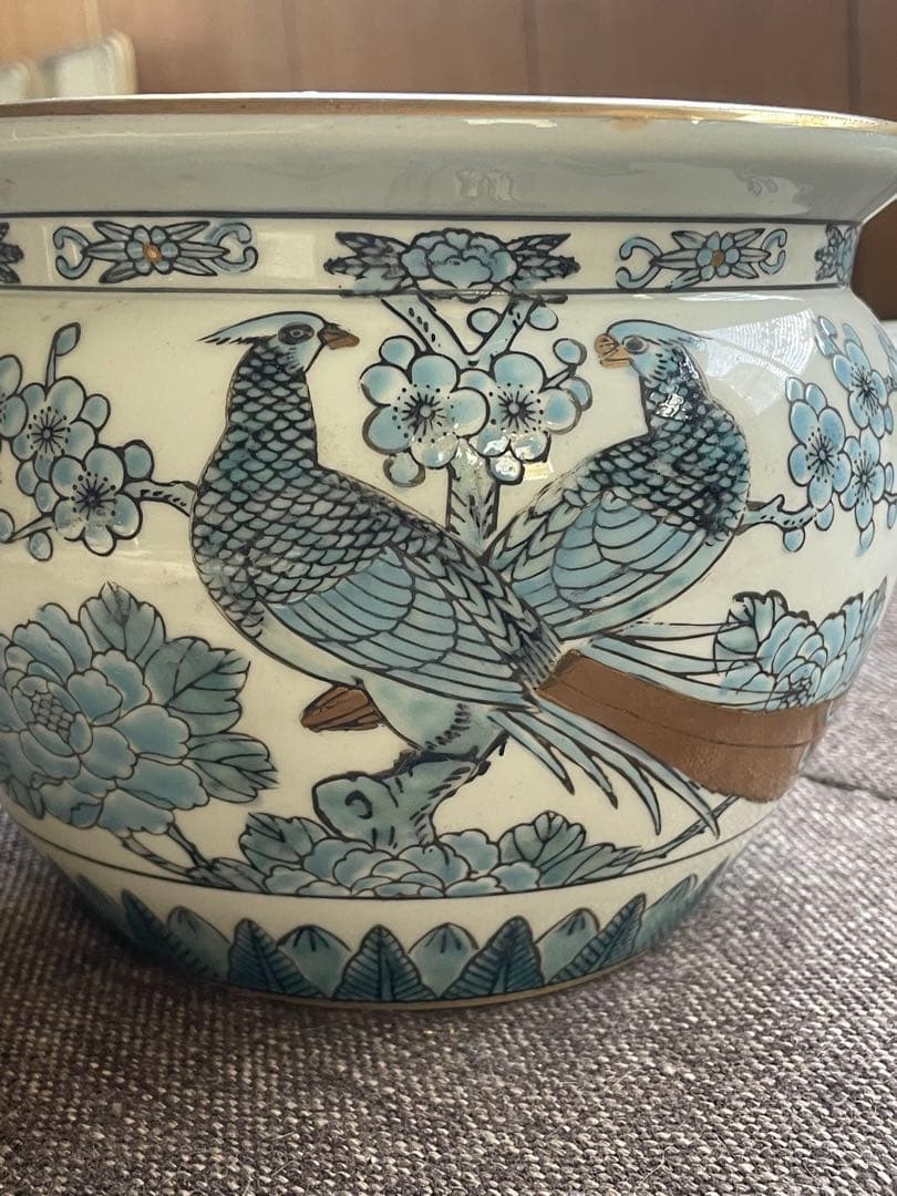 青色の花と鳥の装飾 陶器の鉢 Hand Painted