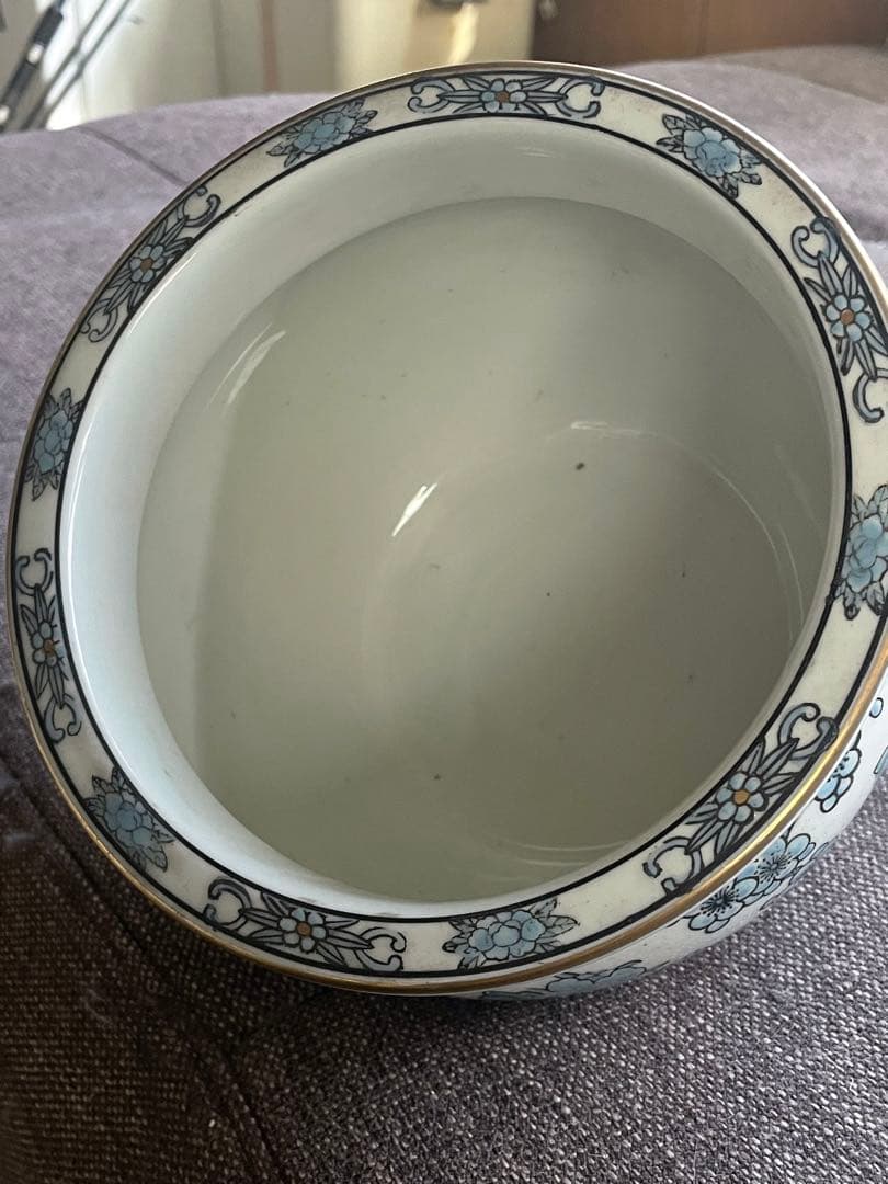 青色の花と鳥の装飾 陶器の鉢 Hand Painted