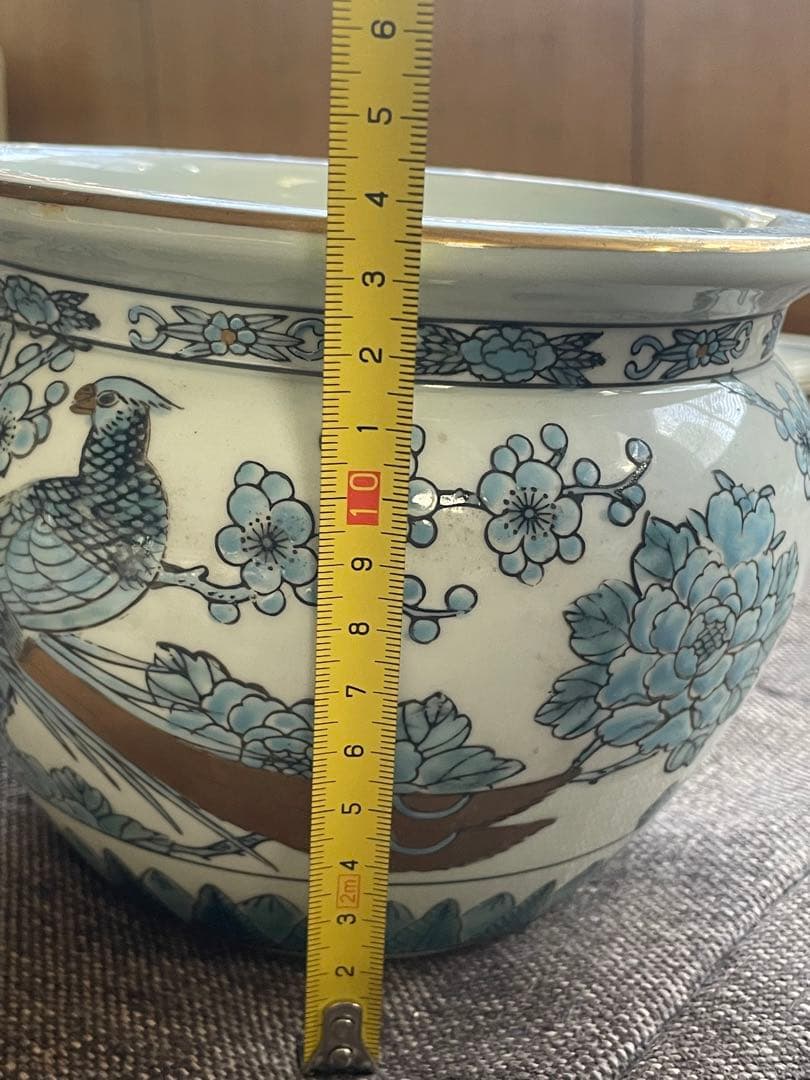 青色の花と鳥の装飾 陶器の鉢 Hand Painted