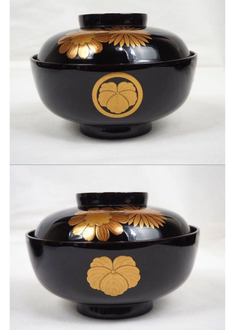送料無料　江戸～明治日本橋老舗黒江屋　蔦家紋　本塗地散菊花金蒔絵吸物椀10客共箱