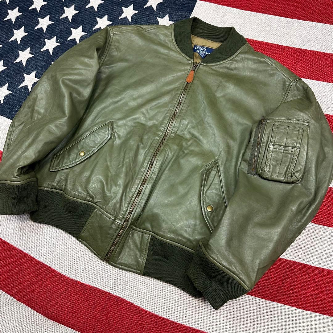 超スペシャル 90s MA1 ラルフローレン レザージャケット オリーブグリーン
