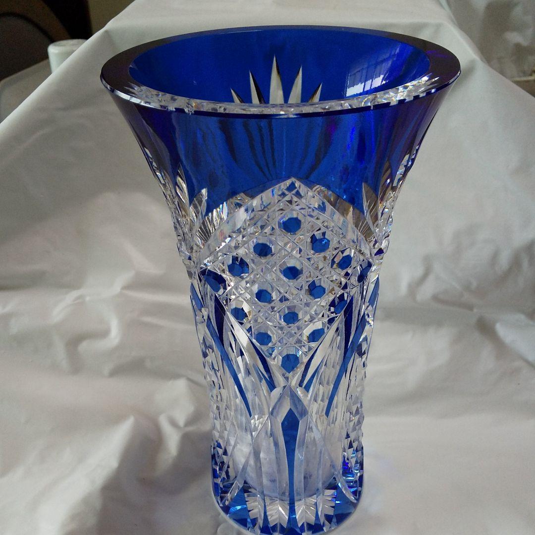 江戸切子 青被せフラワーベース 八角籠目紋