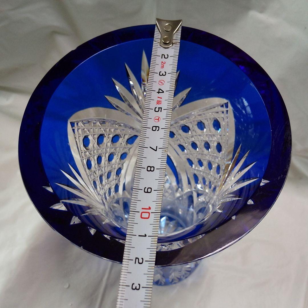 江戸切子 青被せフラワーベース 八角籠目紋