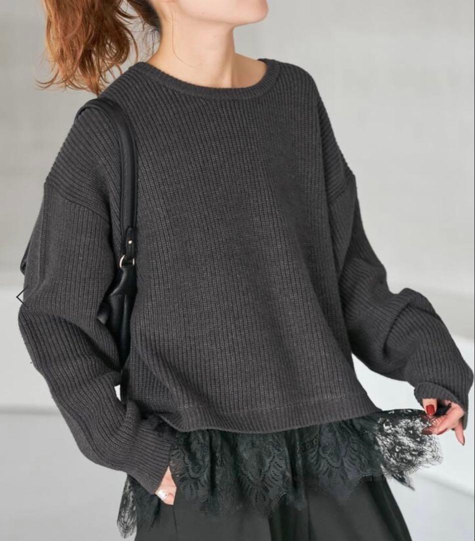 spick&span レースドッキング畦ニットプルオーバー