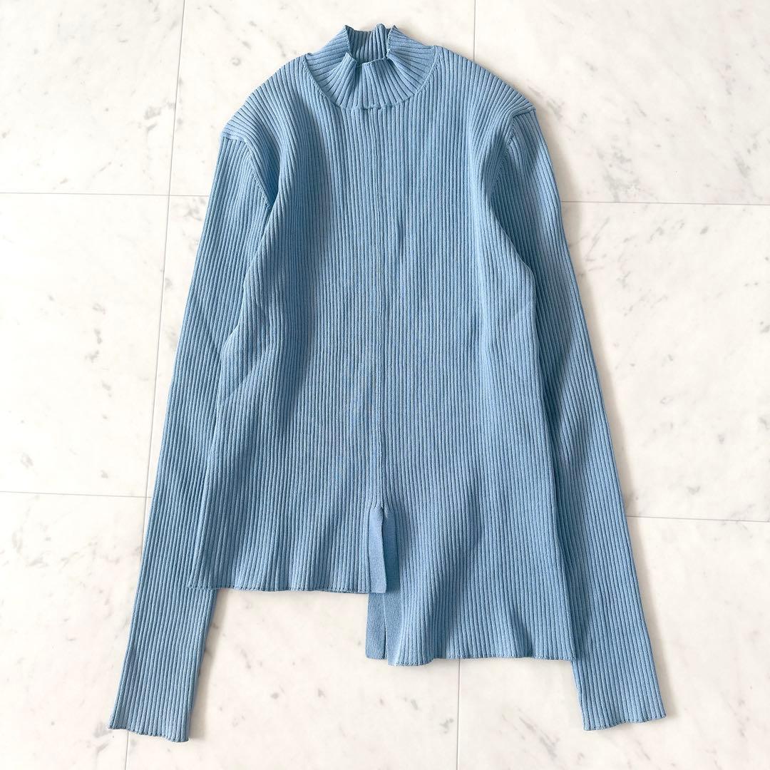 美品♪アドーア アシンメトリー ハイネックリブニット カットソー くすみブルー